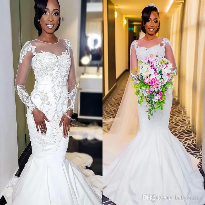 2019 Gorgeous African Arabic Long Sleeves Wedding Dresses Modest Sheer Neck Appliques Lace Bridal Gowns Custom Made | Свадьбы и