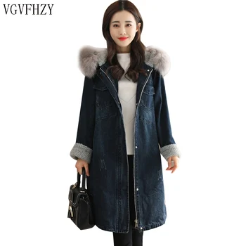 

Winter Women Denim Cotton Jacket 2018 New Large Size Mid-Long Plus Velvet Female Outerwear Thick Fur Collar Ladies Parkas