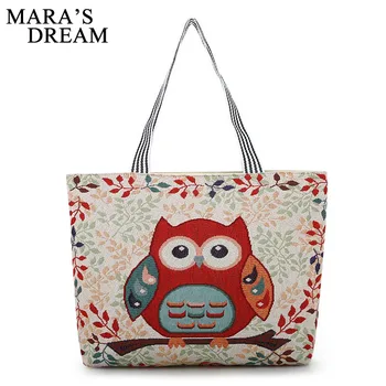 

Mara's Dream Women Bag Women's Canvas Handbag Embroidery Owl Tote Lady Shopping Bag Shoulder Bags 2018 Summer Holiday Beach Bags