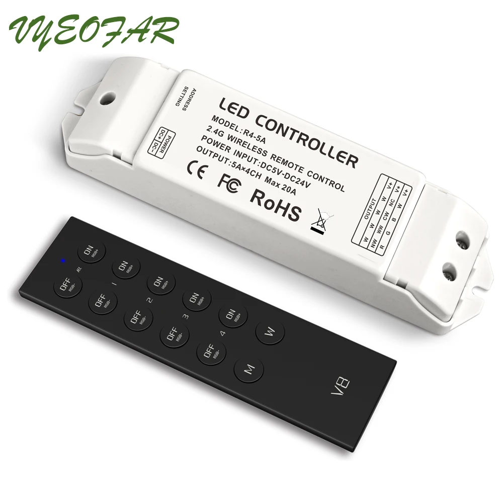 

Ltech Led RGBW Strip Controller 12V 24V 4 Zone V8 2.4GHz RF Remote R4-5A 20A Output CV Receiver R4-CC DC3-36V CC Receiver