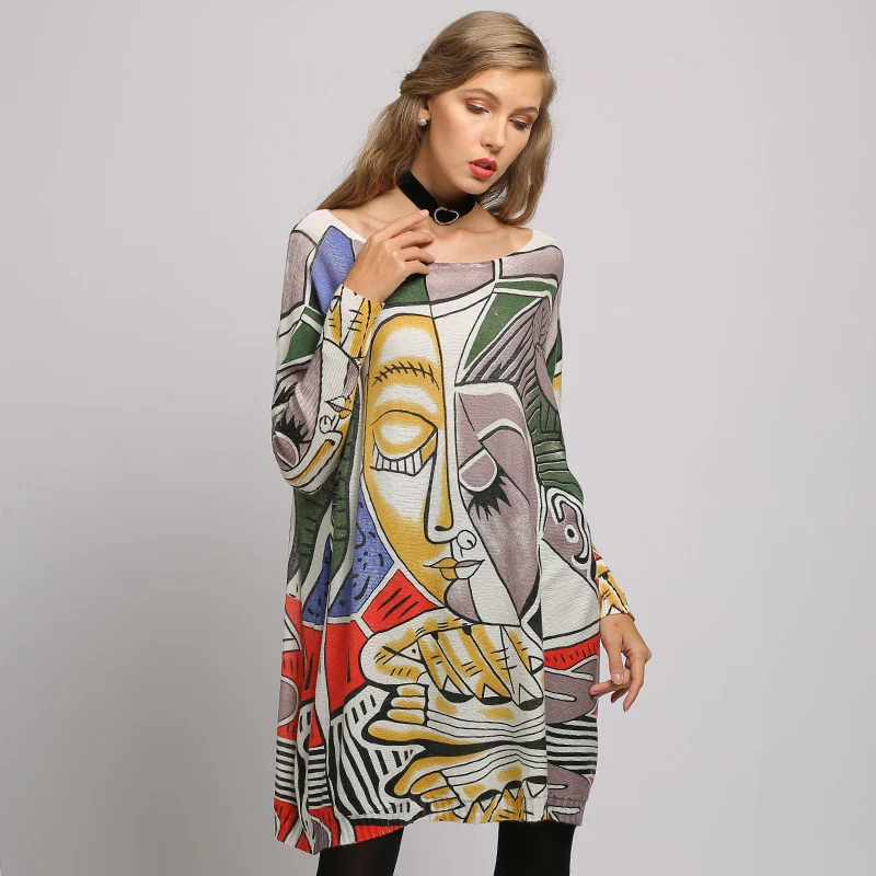 XIKOI Sweater Woman Casual Oversize Long Batwing Sleeve O-Neck Knitted Fashion Pullovers Abstract Print Clothes XIKOI Sweater Woman Casual Oversize Long Batwing Sleeve O-Neck Knitted Fashion Pullovers Abstract Print Clothes