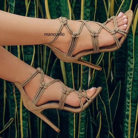 Unique New Design Apricot Rope Style Thin High Heel Shoes Fancy Women