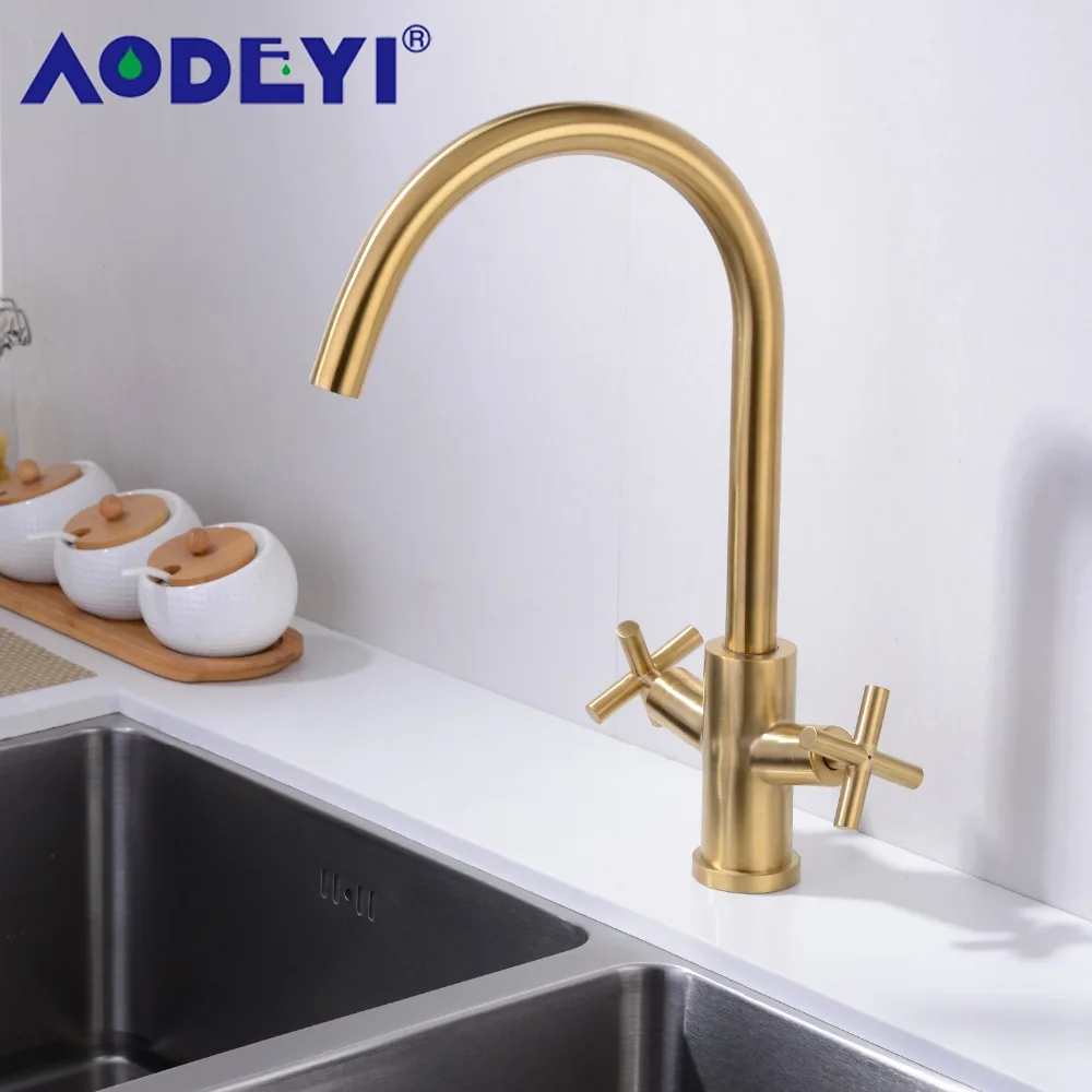 AODEYI Promotion Solid Brass Hot And Cold Kitchen Faucet Sink Mixer Tap With Aerator Sink Faucet Brushed Gold/Black 13-022