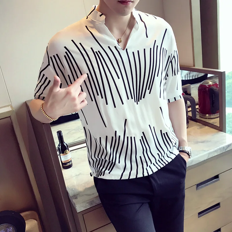 YASUGUOJI Новинка модная полосатая рубашка с v-образным вырезом, мужская летняя Свободная рубашка поло с коротким рукавом, мужская рубашка