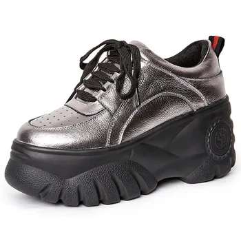 

2019 New Ultralight black beige Sneakers Women 8.5CM Spring Fashion Leather Platoform Sneakers Causal shoes woman