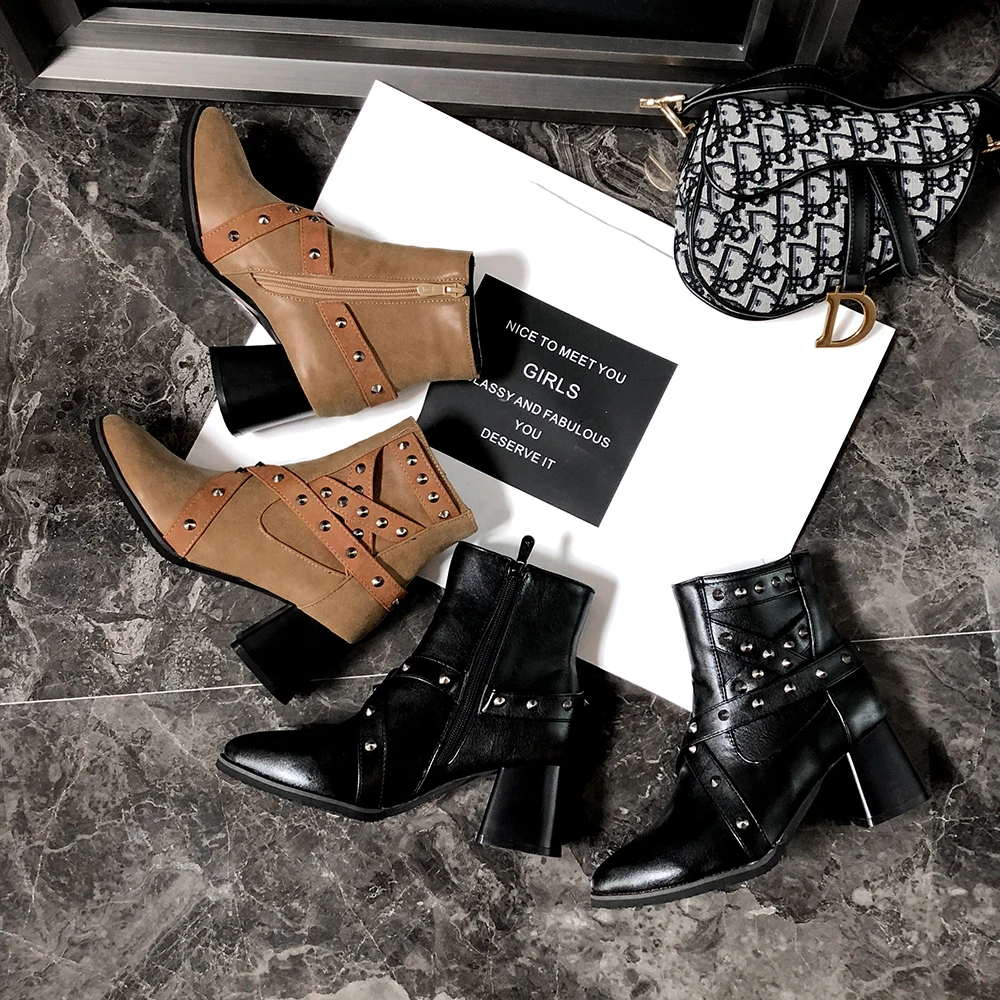 ENMAYLA Solid PU Short Plush Motorcycle Boots Autumn Ankle Boots for Women Pointed Toe High Square Heel Metal Decoration Shoes