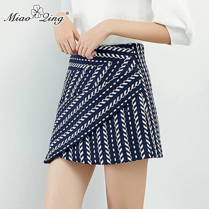 

MIAOQING Tweed a-line skirt for women with asymmetrical patchwork stripes tight miniskirts for women in fall fashion 2019