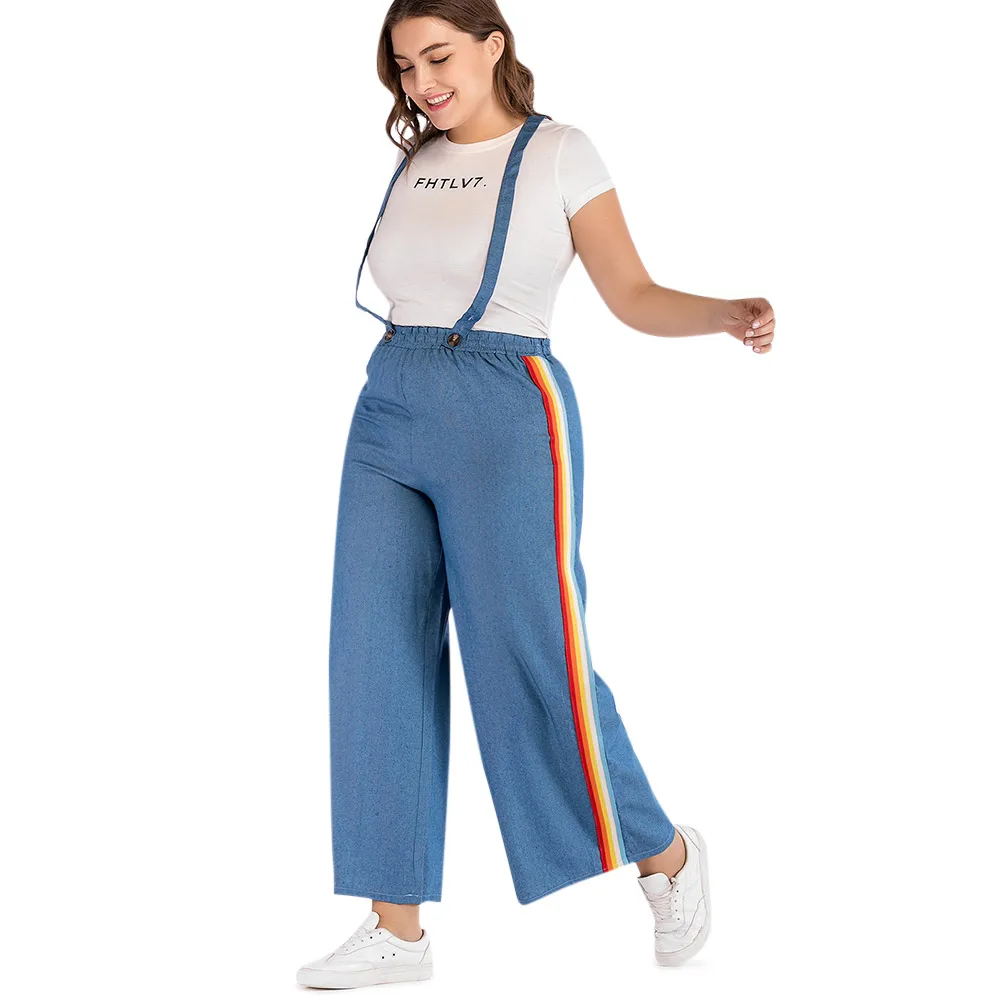 2018 Plus Size Strap Jeans Buttoned Suspender Jeans Solid High Waisted