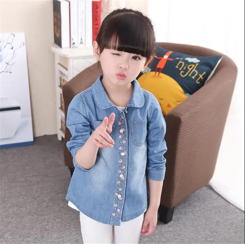 Weoneit Kids Girls Shirts Spring Autumn Children Embroidery Floral Denim Blue Shirt Long Sleeve Blouses Kids Girls Clothes - Цвет: blue