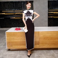 Высокая мода черный белый ручная работа Кнопка Новинка Вьетнам длинное платье Винтаж Ципао короткий рукав принт длинное платье размера плюс S-4XL