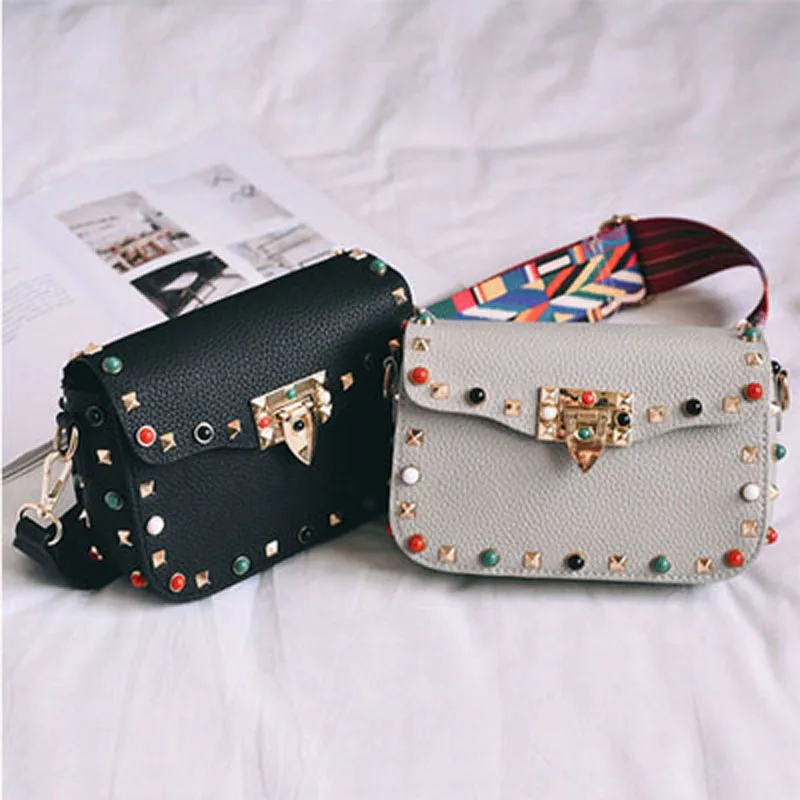 

2019 Women Crossbody Bags PU Leather Colored Shoulder Strap Rivet Design Buckle Wobag Single Lady Leather Mini Dinner
