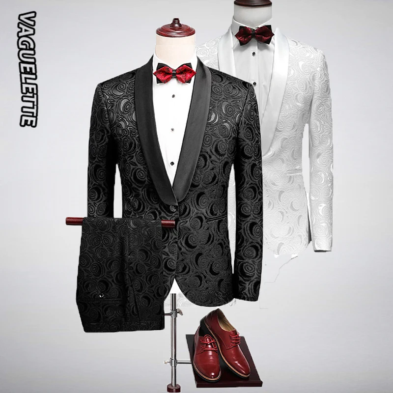 

VAGUELETTE Embroidery Floral Men Tuxedo Suit For Men Shawl Collar Wedding Groom Prom Suits Men Black Evening Dresses 2023