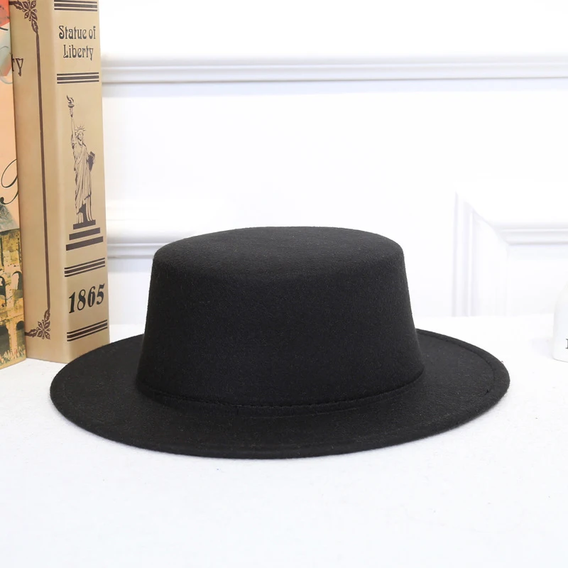 Осенне-зимние мужские шляпы, фетровые шляпы в винтажном стиле для женщин и девушек, фетровые шляпы с плоским верхом, джазовая шляпа в европейском и американском стиле, круглые шапки-котелки - Цвет: Black