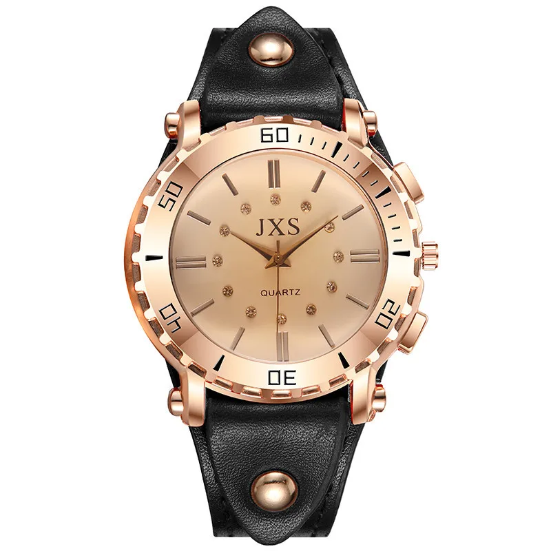 

Newest Gear Side Drill Nail Double Circle Engraved Ladies Watch Leather Strap Rhinestone Dress Watch Woman Age Girl Luxury Gmt*A