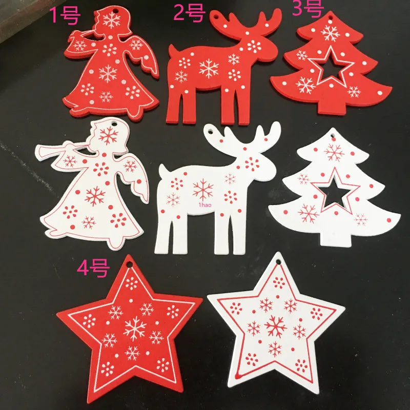 

2019 New 10Pcs/Set White Red Christmas Tree Ornament Wooden Hanging Pendants Angel Elk Star Tree Christmas Decorations for Home