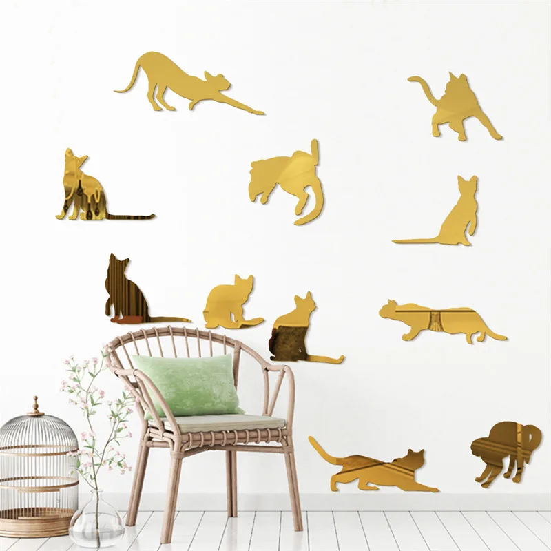 11 قطعة/المجموعة القط مرآة ملصقات الحائط الاكريليك تزيين المنزل ملصقا للأطفال غرف نوم ملصق جداري