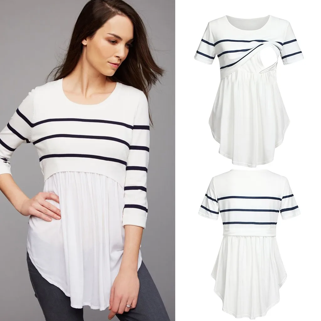 

Women Pregnant Nursing Baby Shirt Short Sleeved Striped Pregnancy Shirts Ropa Maternal De Moda Maternity Mom Blouse Clothes J08