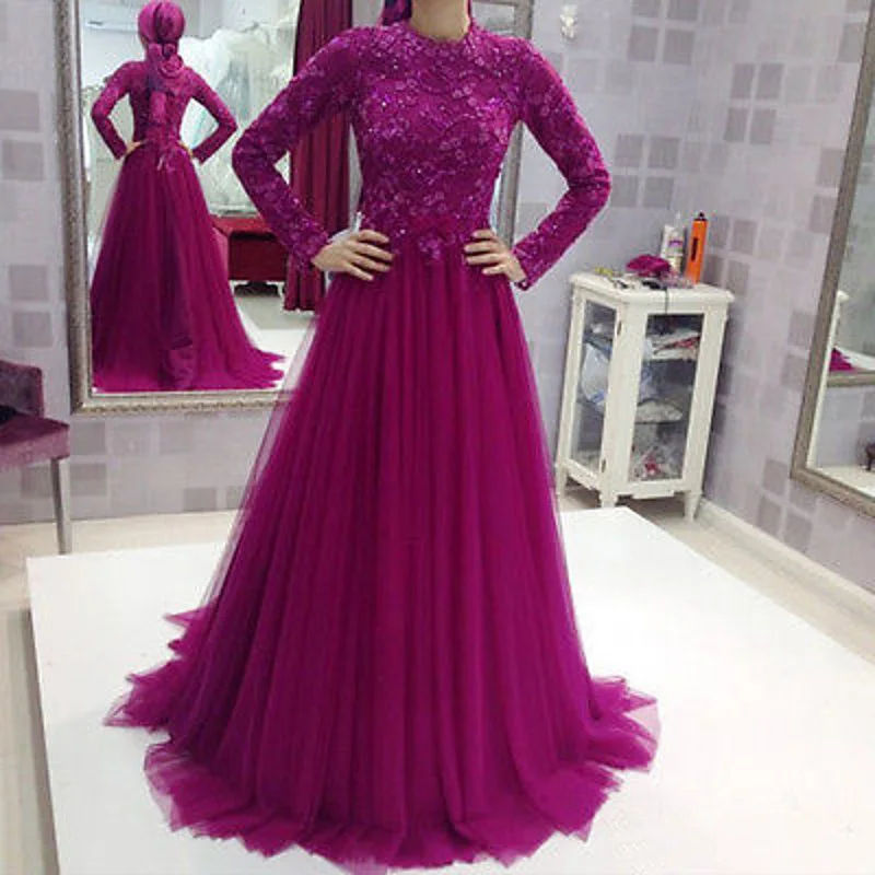 

Modest Muslim Long Sleeve Evening gown Kerchief Lace Women Formal Vestido de Festa Robe de Soiree mother of the bride dresses
