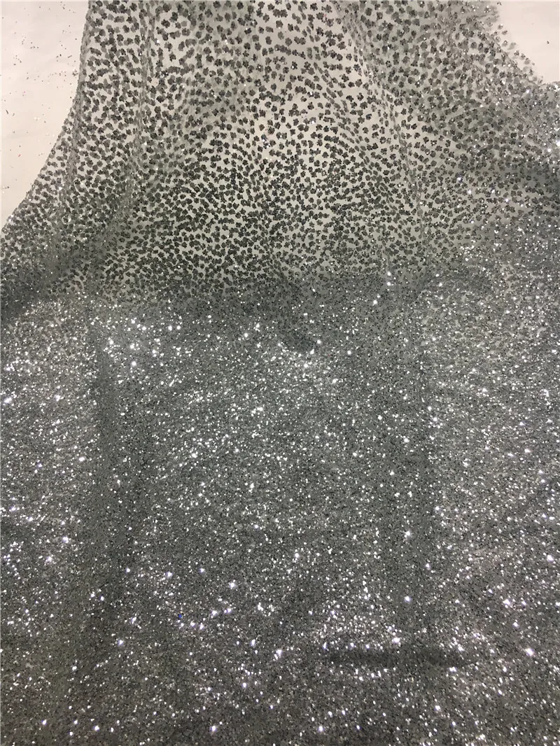 

shining glued glitter sequins lace fabric african tulle mesh fabric for wedding dress/evening dress H-46 in silver color