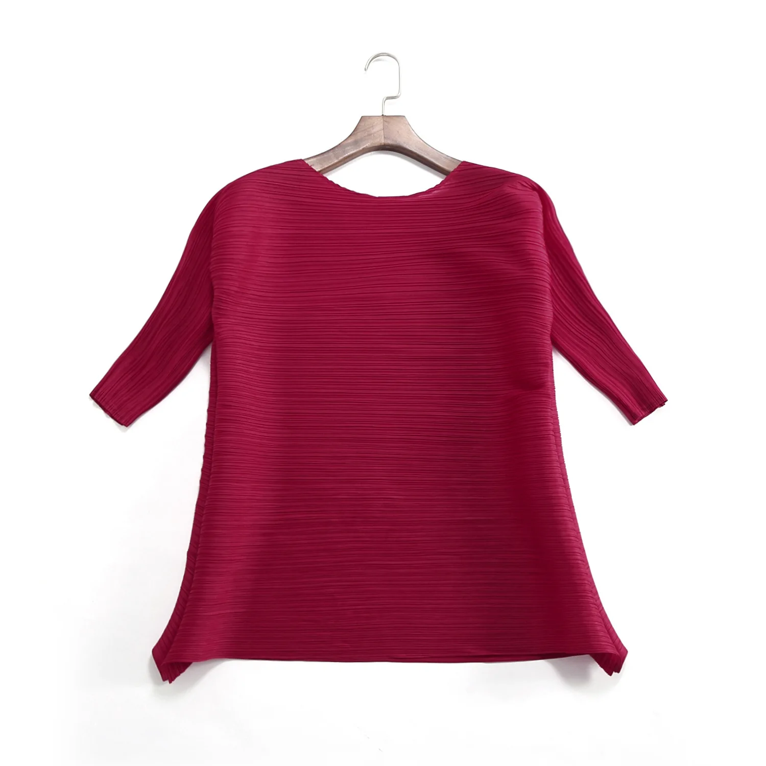 Летняя Новинка, специальная плиссированная женская футболка с круглым вырезом, высокая эластичность, складки, плиссированные женские футболки, топы, футболки зеленого цвета - Цвет: Wine red
