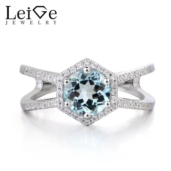 

Leige Jewelry Real Natural Aquamarine Ring Engagement Ring Round Cut March Birthstone Gemstone Solid 925 Sterling Silver Ring