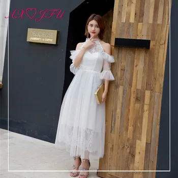 

AXJFU Luxury illusion halter evening dress princess white lace vintage beach evening dress white boho turkey 100% real photos