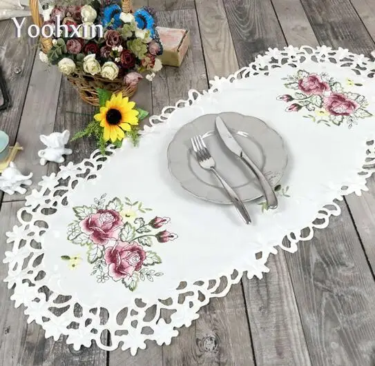 Modern oval satin table place mat cloth lace embroidery pad cup mug tablecloth dish pan coaster dining placemat doilies kitchen