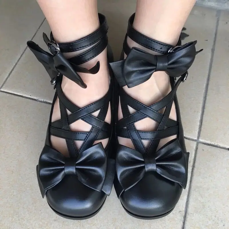 

Japanese soft leather lolita round head detachable Bowknot Princess Kawaii Girl Women Shoes Cosplay JK Uniform Lolita Shoes