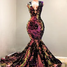 Блестящие Блестки бархат Русалка африканские платья для выпускного вечера Vestidos de gala сексуальный v-образный вырез суд поезд Черное вечернее платье для девочек