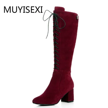 

Cow Suede High Heels British School Young Lady Western Boots Riding Boots Genuine Leather FLD07 MUYISEXI