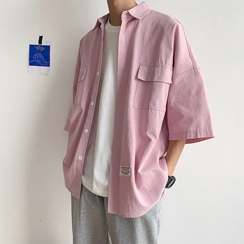 

2019 Summer Men's Solid Color Short Sleeve Hawaiian Oversize Shirt Tide Male Mens Fashion Trend Black/pink Color Shirts M-XL