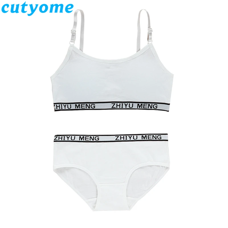 Young Girls bra And Panties Sets Cotton Teenagers Girls Lingerie+ Free Size Underwear Kids Puberty Training Bra Vest Panties 14Y