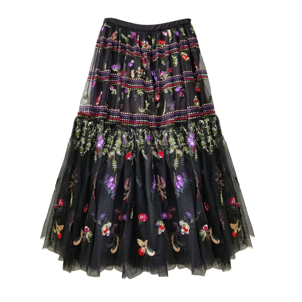 

Red RoosaRosee Designer Women Luxury Flower Embroidery Midi Skirt High Waist Black Mesh Skirts ELegant Lady Vacation Beach Skirt