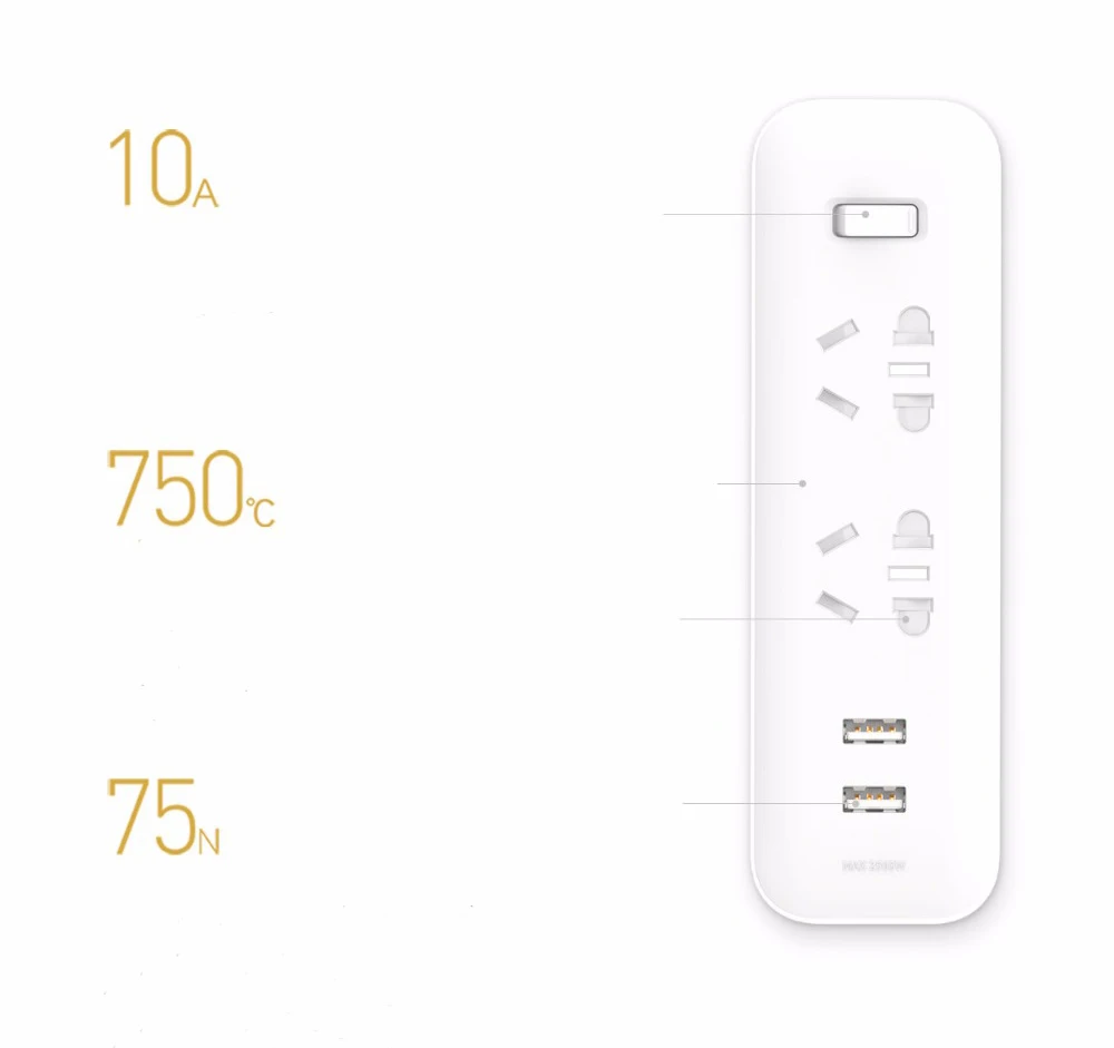 Xiaomi Mijia Мощность полосы Портативный конвертер 2 разъем 10A 250V 2500W 2USB Порты и разъёмы 5V 2.1A быстрой зарядки перегрузки защиты макрообъектива