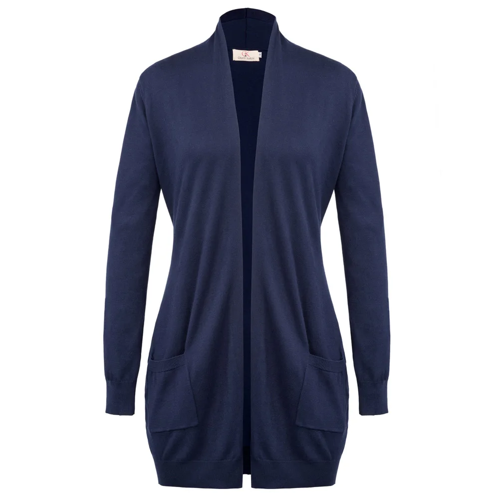 Navy Blue Женские с длинным рукавом открытой передней кардиган вязаный пальто-джемпер Топы Gk - Цвет: Navy Blue