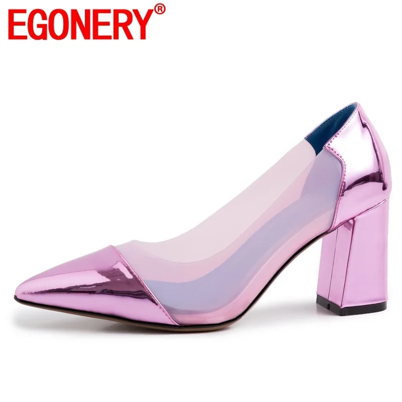 

EGONERY shoes woman spring newest fashion sexy pointed toe patent leather woman pumps outside high square heels plus size shoes