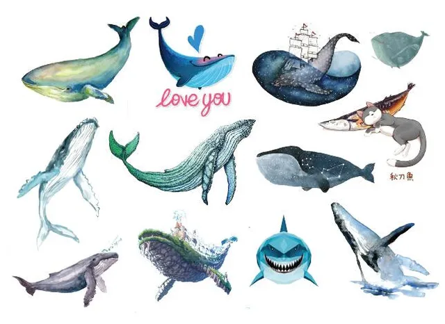 waterproof temporary fake tattoo stickers watercolor blue whale fish ship cat cartoon design kids child body - Whale Pictures For Kids waterproof temporary fake tattoo stickers watercolor blue whale fish ship cat cartoon design kids child body - Whale Pictures For Kids
