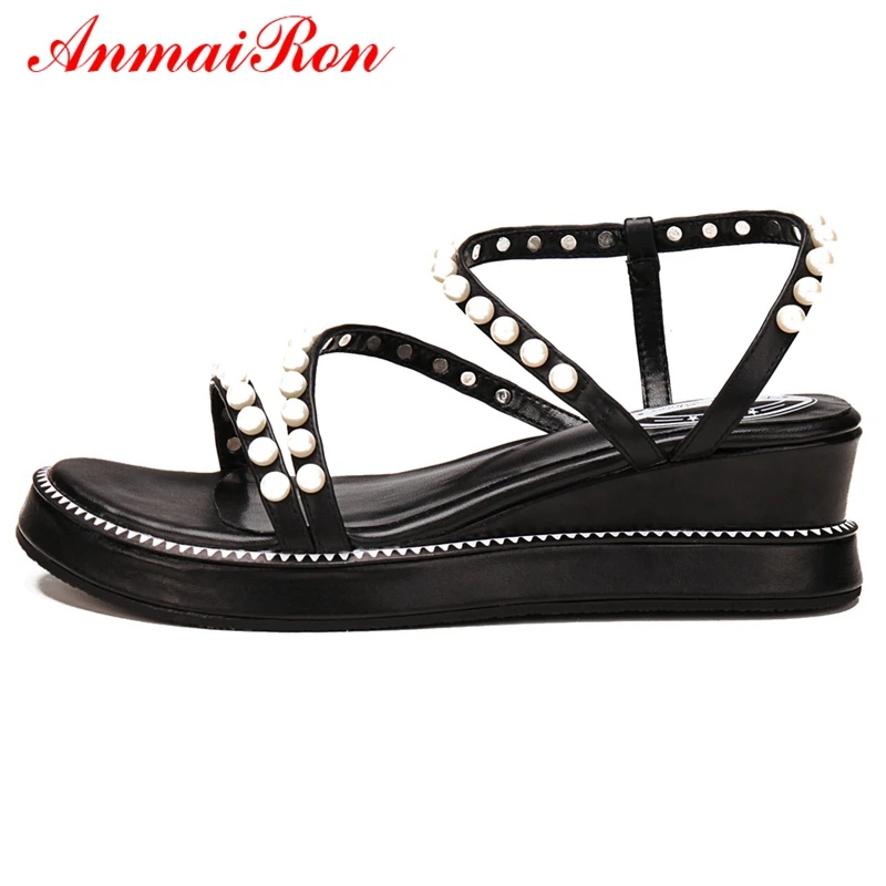 

ANMAIRON New Fashion Genuine Leather Gladiator Wedge Sandals Casual Slip-On Sandalias Mujer 2018 Size 34-39 LY549