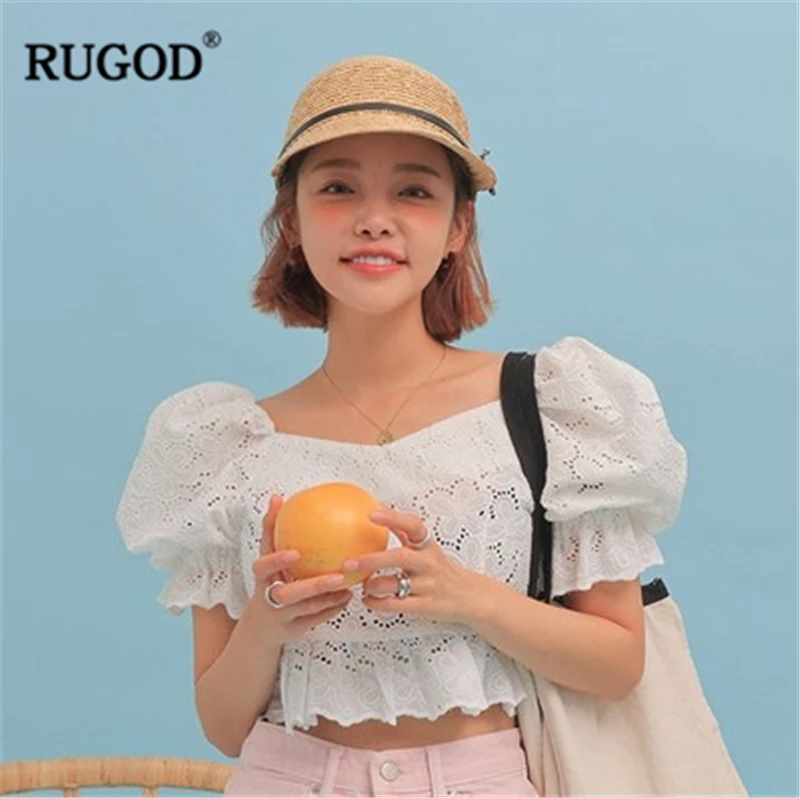 

RUGOD New Women Summer Lace Shirt Square Collar Short Sleeves Hollow Out Blouse Korean Style Sweet Temperament Casual Crop Top