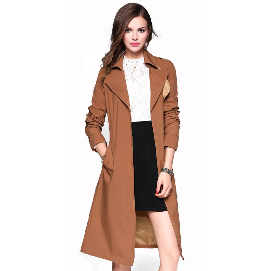 New Autumn Spring Long Trench Coat Women Tan Elegant Solid Plus Size ...