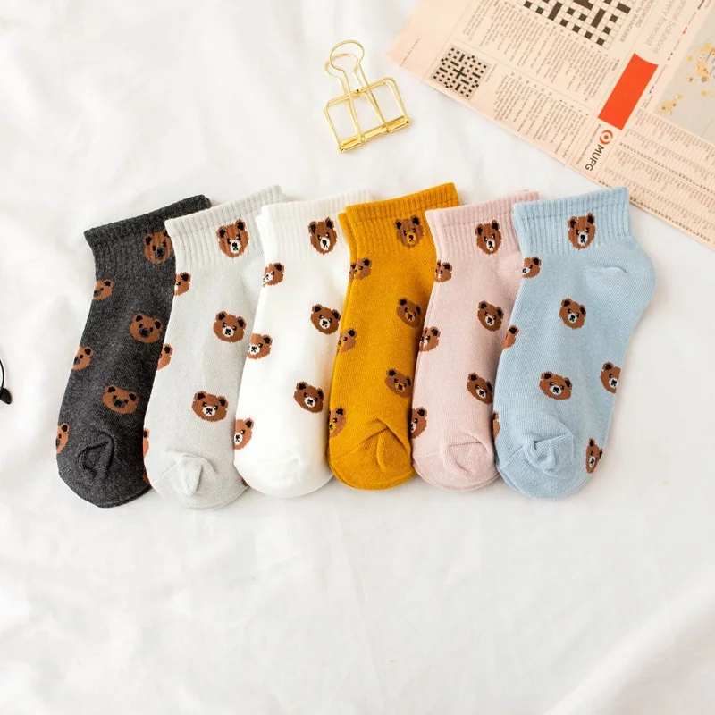 

IOLPR Korean womens boat Socks cartoon Bear new style Pure Cotton Socks Four Seasons Sweet Fashion kawaii ankle Socks