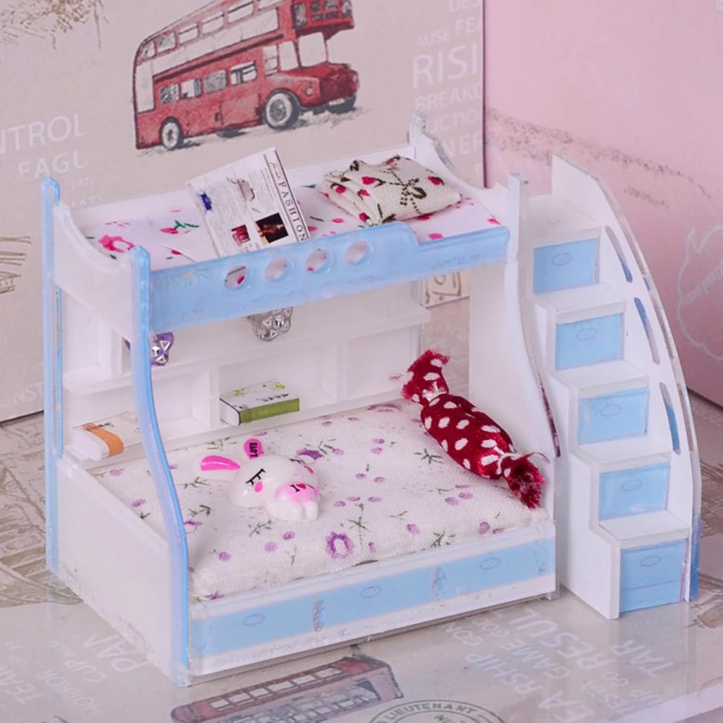 1/12 Miniature Children Bunk Bed Double Bunk Dollhouse Bedroom Furniture Kids Pretend Play Toy #3 Dolls House Accessories