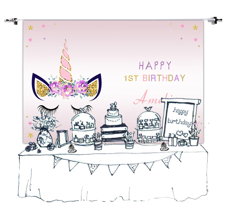 Unicorn Theme Birthday Party Banner Customized Baby Kids Portrait Backdrop Dessert Table Decor Newborn Photo Background w-658