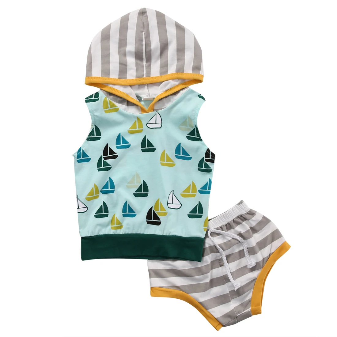 2Pcs Newborn Baby Boy Girl Summer Hooded Sleeveless Sweatshirt+Striped