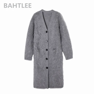 BAHTLEE, зимний шерстяной вязаный женский Ангорский длинный кардиган, свитер, норка, кашемир, v-образный вырез, пуговица, карман, толстый, сохраняет тепло - Цвет: deep gray