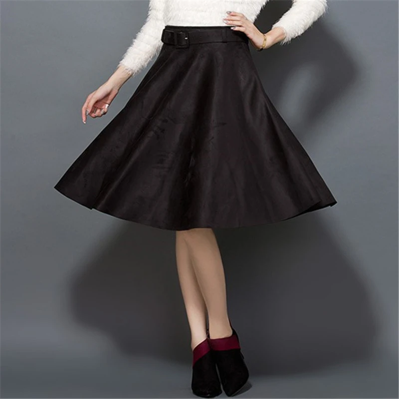 Negro camel Cuero Mujeres Longitud Vintage Nueva wine Elegante Oficina Falda Suede Rodilla Ball Gown rojo Waisted Otoño Alto 2016 Zipper Flare De Invierno Oxf8qHpBBw