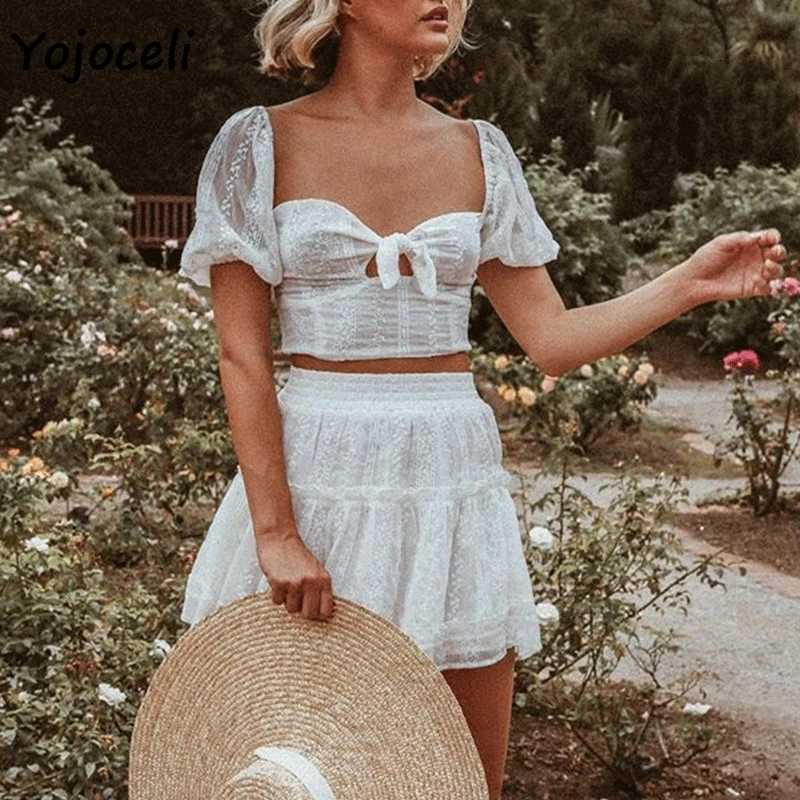 

Yojoceli 2019 summer white lace crochet dress women boho beach party dress two pieces dress