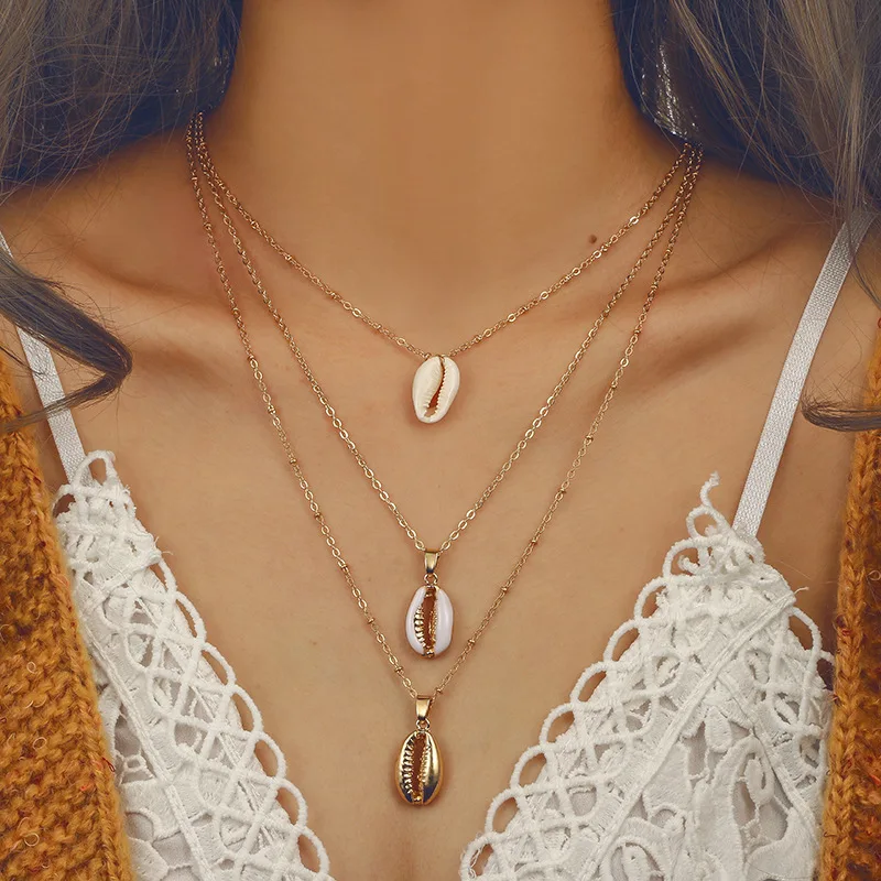 

Three Layers of Seashell Pendant Multilayer Necklace Nature Shell Gold Cowrie Best Friend Cowry Seashell Beach Bohemian Jewelry