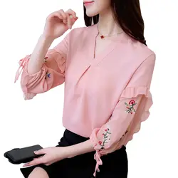 Новый сладкий цветочный Рубашки с вышивкой женские летние три четверти V шеи Шифоновая блузка с рукавами-фонариками высокое качество