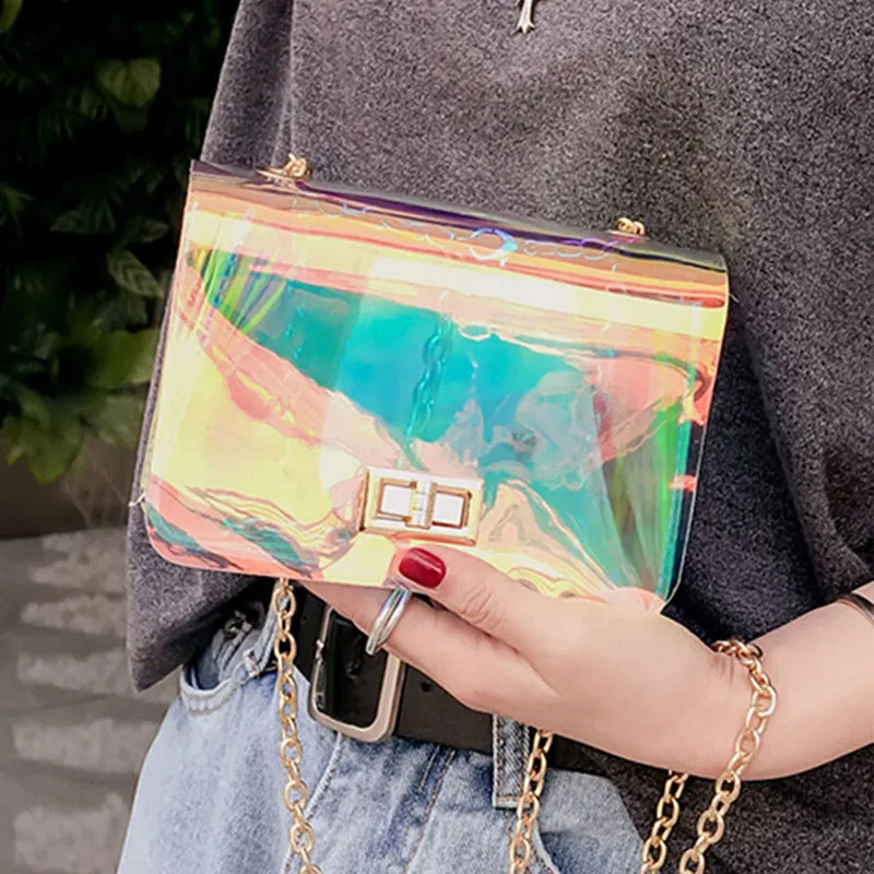 Women Transparent Bag Clear PVC Jelly Small Tote Messenger Bags Laser Holographic Shoulder Bags Female Lady Sac Femme Bandoulier